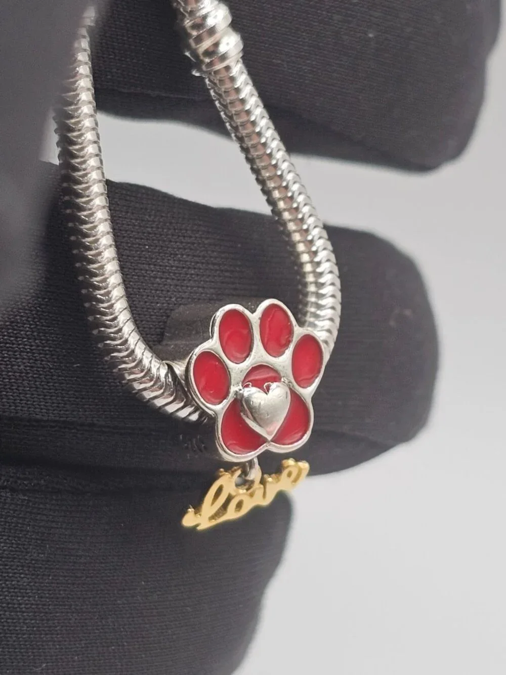 Sterling Silver 925 Rhodium Plated Red Paw with Heart and Dangling Love Charm